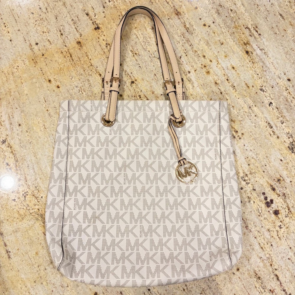 Michael Kors Jet Set Large North South Tote Vanilla Signature Monogram Bag Cream